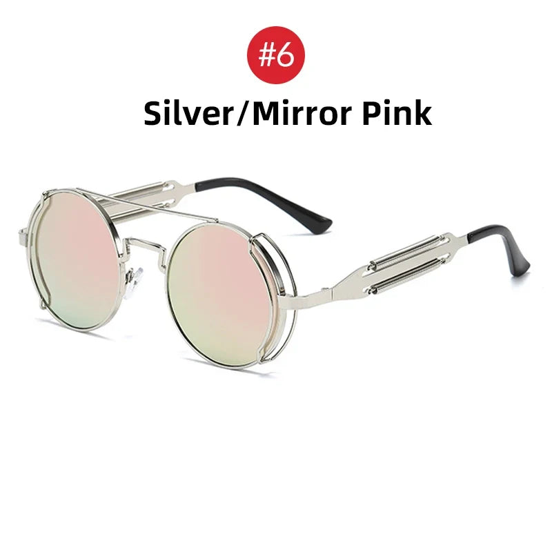 VIVIBEE Steampunk Sunglasses Men Round Red Lens Punk Sun Glasses Black Metal Gothic Style 2026 New Products Women UV400 Shades