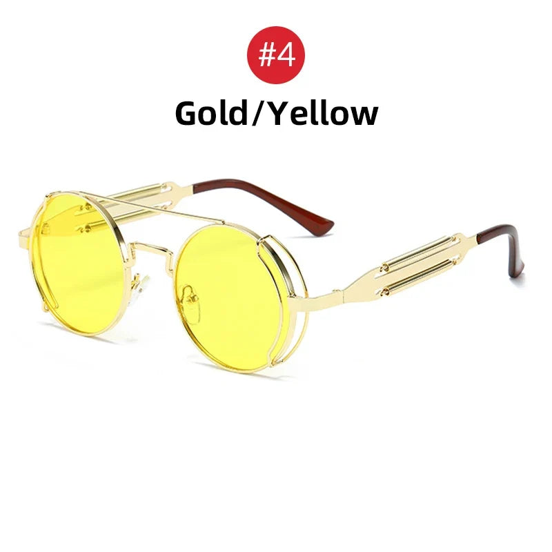 VIVIBEE Steampunk Sunglasses Men Round Red Lens Punk Sun Glasses Black Metal Gothic Style 2026 New Products Women UV400 Shades