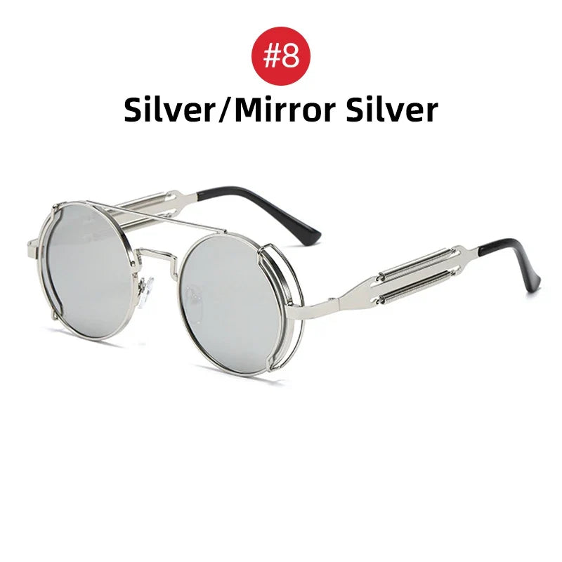 VIVIBEE Steampunk Sunglasses Men Round Red Lens Punk Sun Glasses Black Metal Gothic Style 2026 New Products Women UV400 Shades