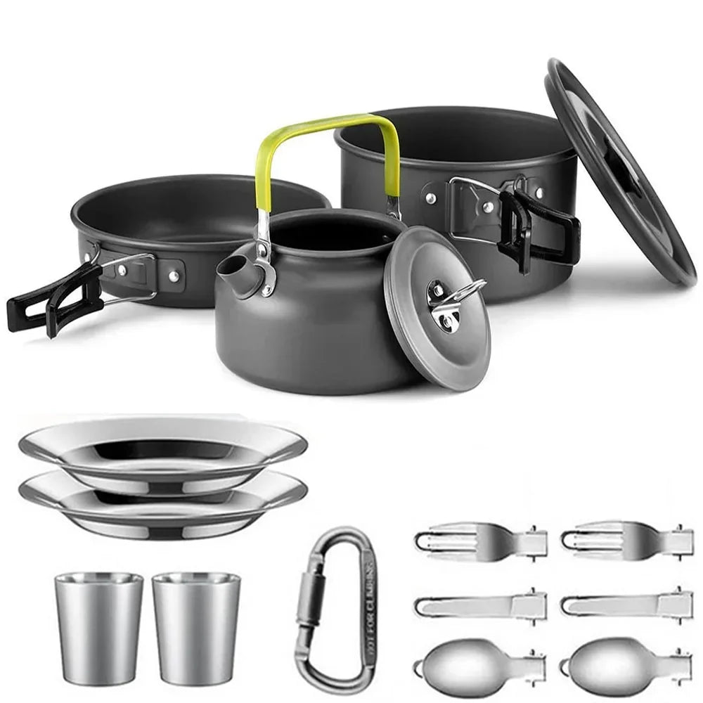 Complete Camping Kitchen Cookware Tableware & Teapot for 2-3