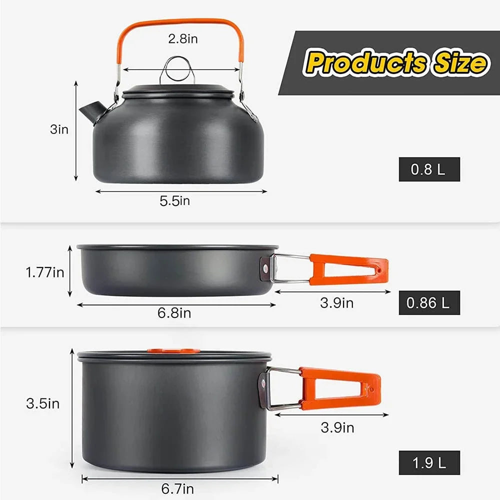 Complete Camping Kitchen Cookware Tableware & Teapot for 2-3