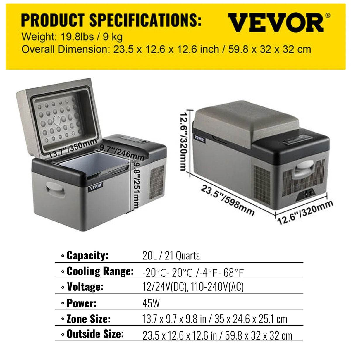 Portable Car Fridge (20-55L) with Dual Power (12/24V DC, 110-240V)
