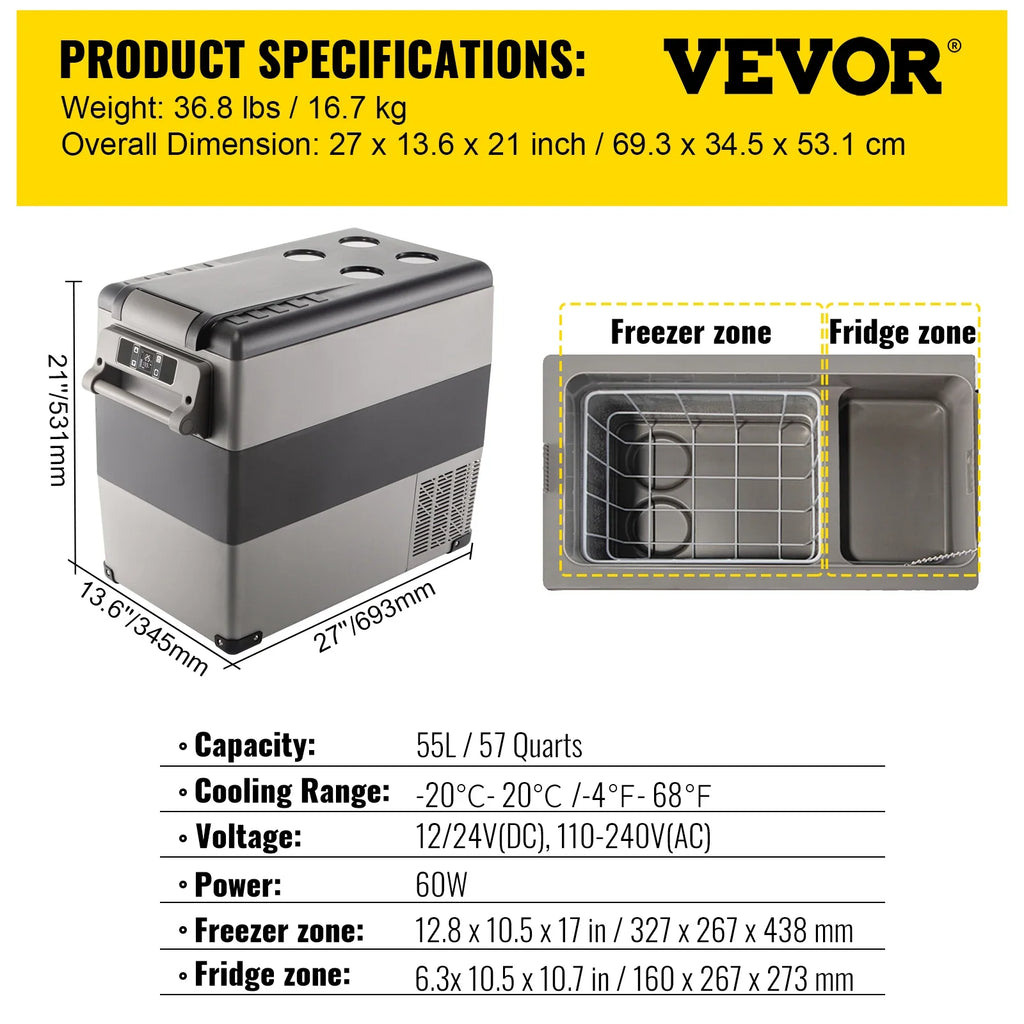 Portable Car Fridge (20-55L) with Dual Power (12/24V DC, 110-240V)