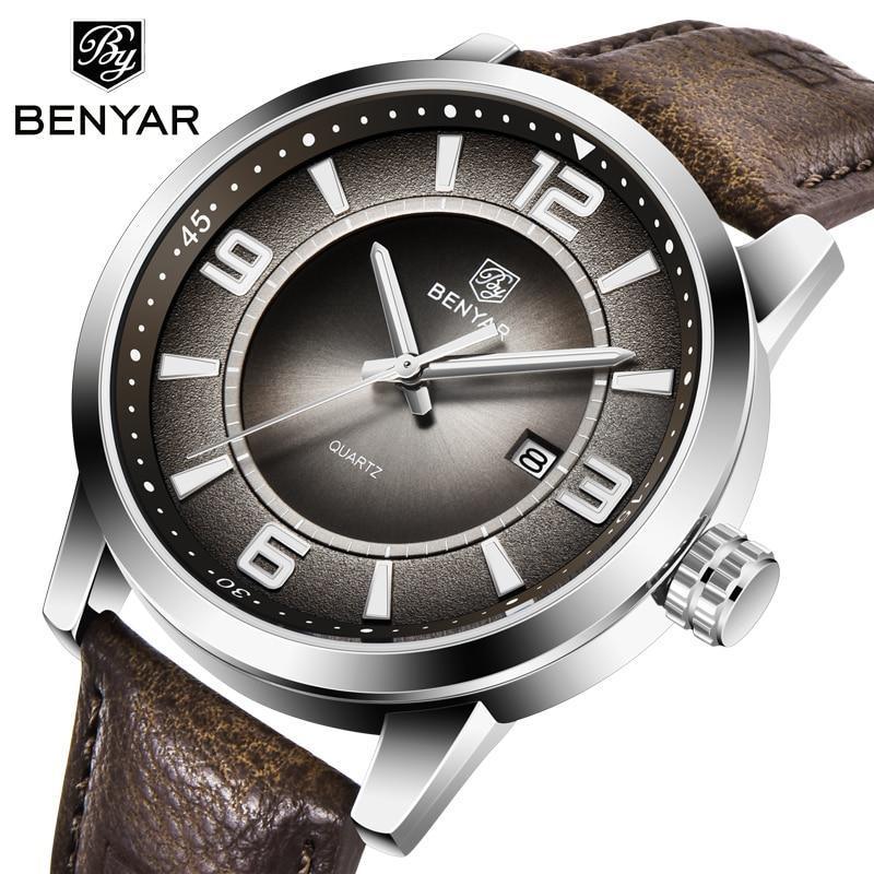 Men's Luxury Quartz Watch - Leather Strap, Waterproof, Auto Date