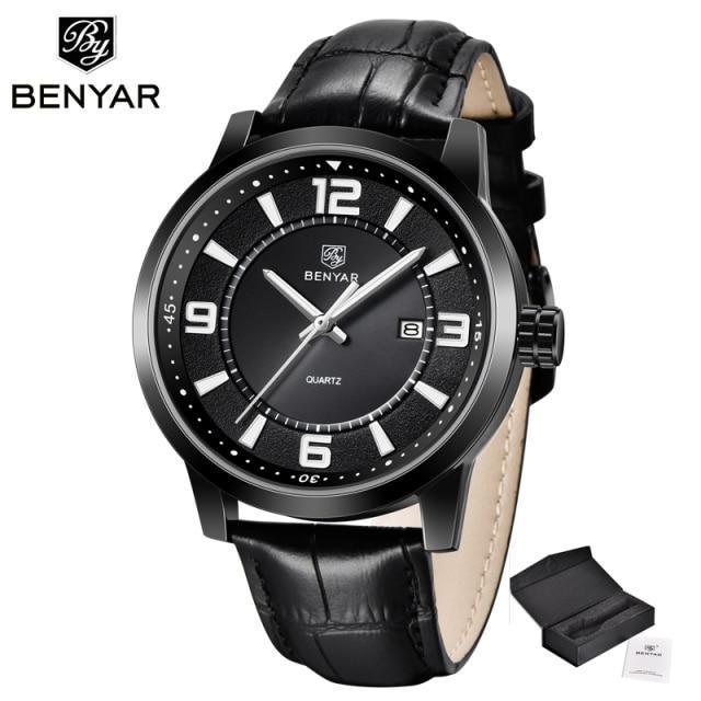 Men's Luxury Quartz Watch - Leather Strap, Waterproof, Auto Date