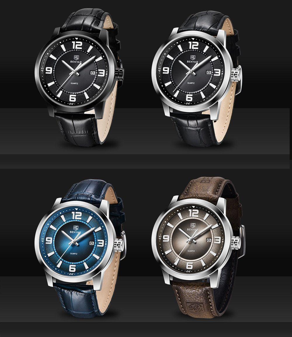 Men's Luxury Quartz Watch - Leather Strap, Waterproof, Auto Date